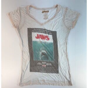 Jaws Movie Poster Graphic V-Neck T-Shirt White Womens Medium Universal Studios